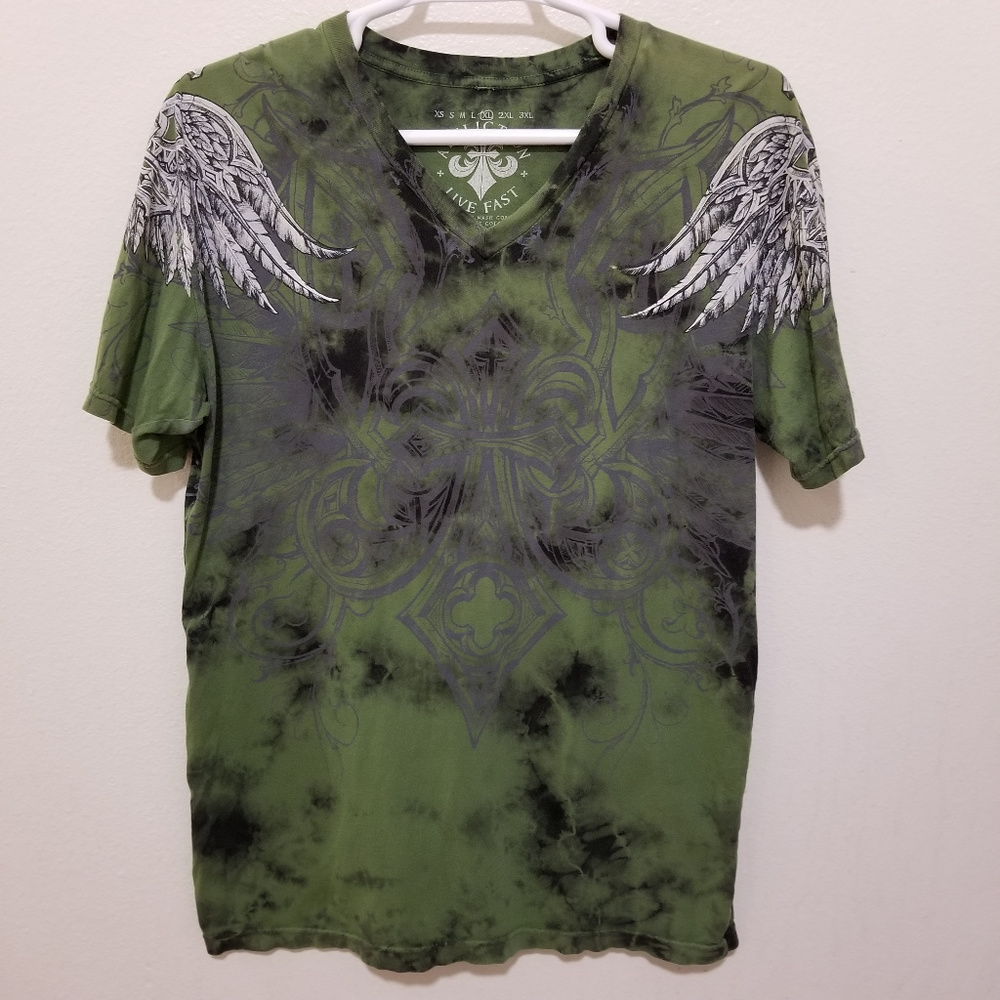 Affliction Mens XL Green T Shirt V Neck Live Fast